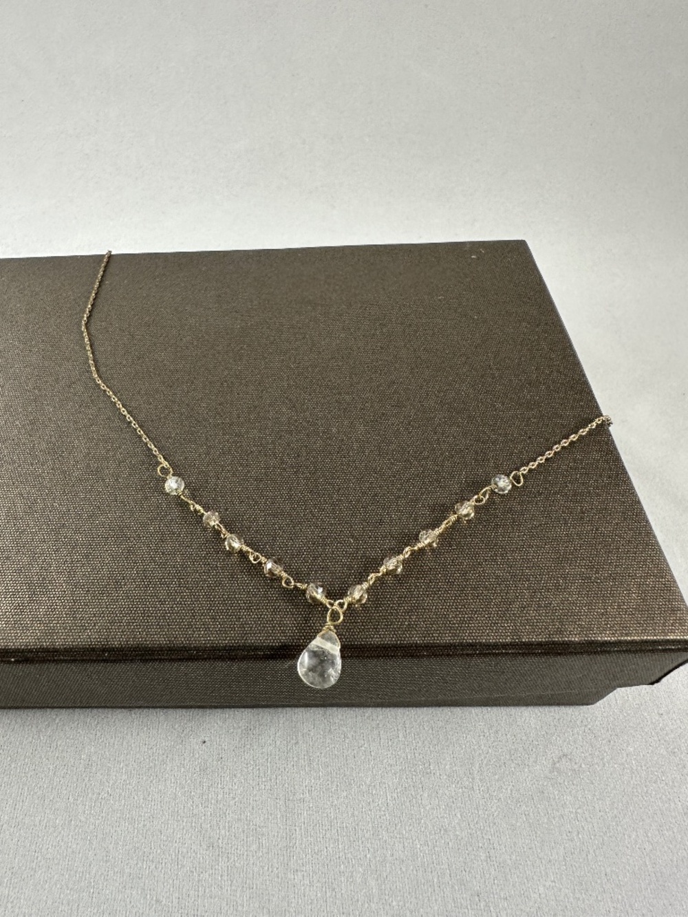 Clear Crystal Teardrop Pendant Necklace with Beaded Accents
